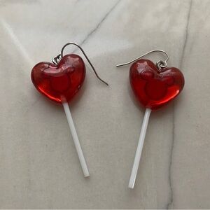 1525 Disney Mickey & Minnie Red Heart Lollipop Earrings with Silver Hooks